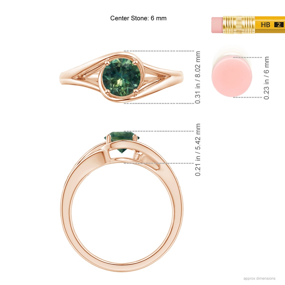 6mm AA Twist Split Shank Solitaire Teal Montana Sapphire Ring in Rose Gold ruler