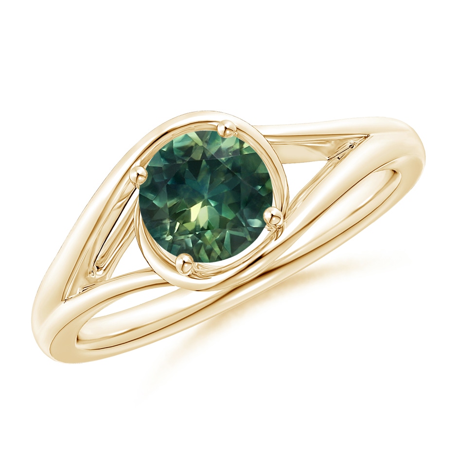 6mm AA Twist Split Shank Solitaire Teal Montana Sapphire Ring in Yellow Gold 