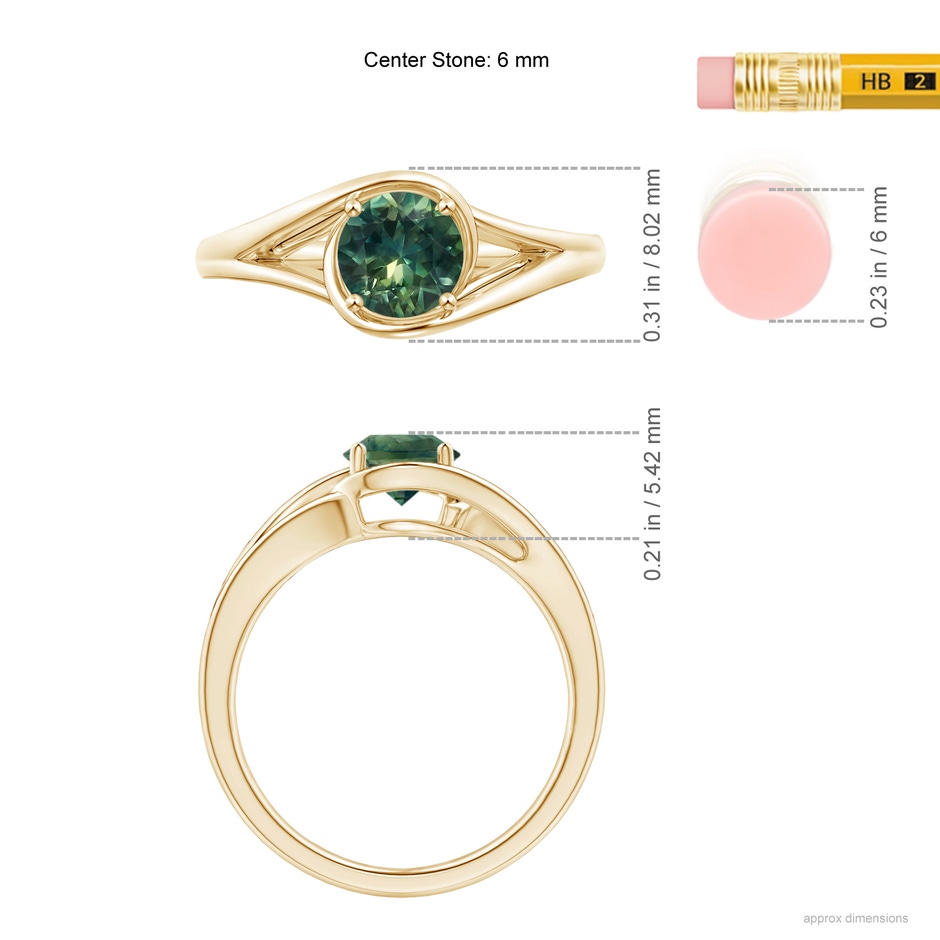 6mm AA Twist Split Shank Solitaire Teal Montana Sapphire Ring in Yellow Gold ruler