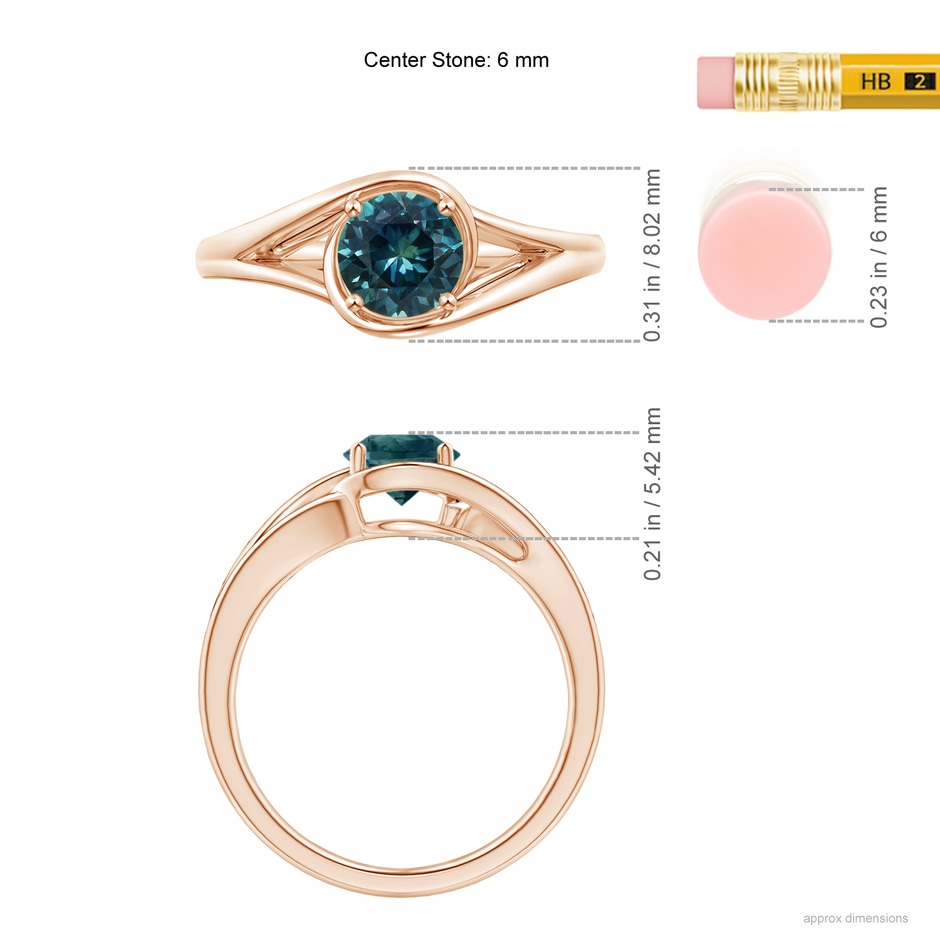 6mm AAA Twist Split Shank Solitaire Teal Montana Sapphire Ring in Rose Gold ruler