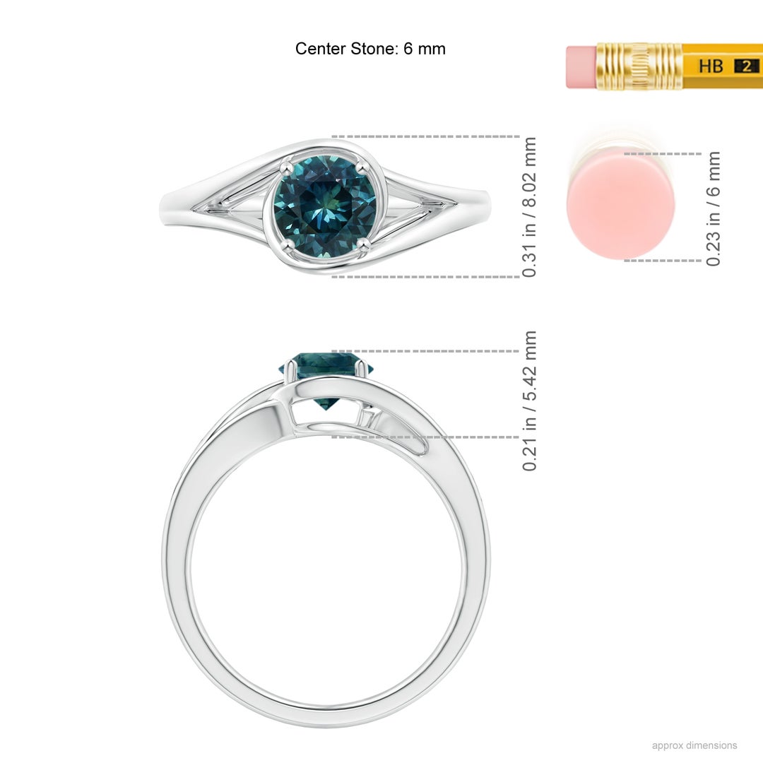 6mm AAA Twist Split Shank Solitaire Teal Montana Sapphire Ring in White Gold - ruler