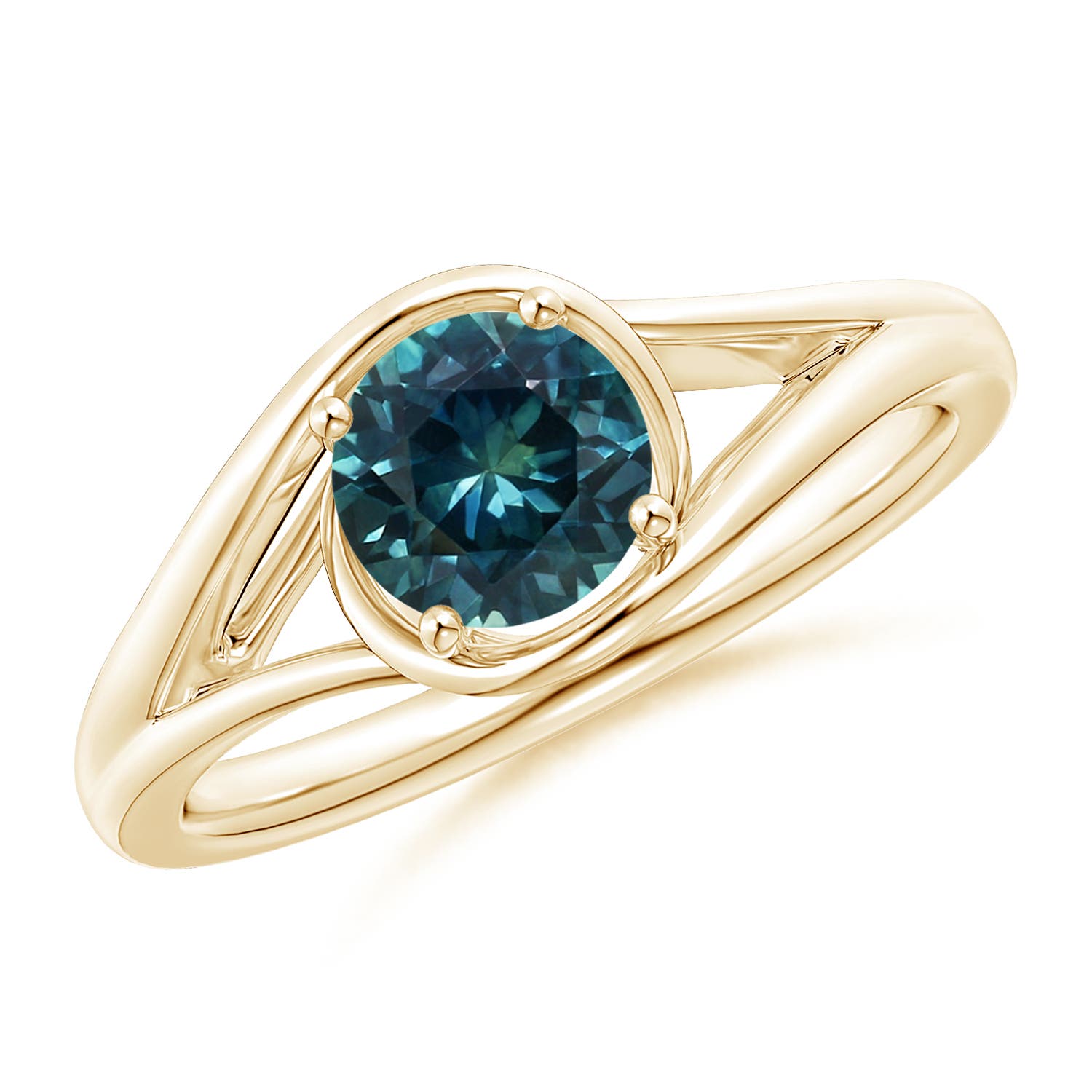 6mm AAA Twist Split Shank Solitaire Teal Montana Sapphire Ring in Yellow Gold