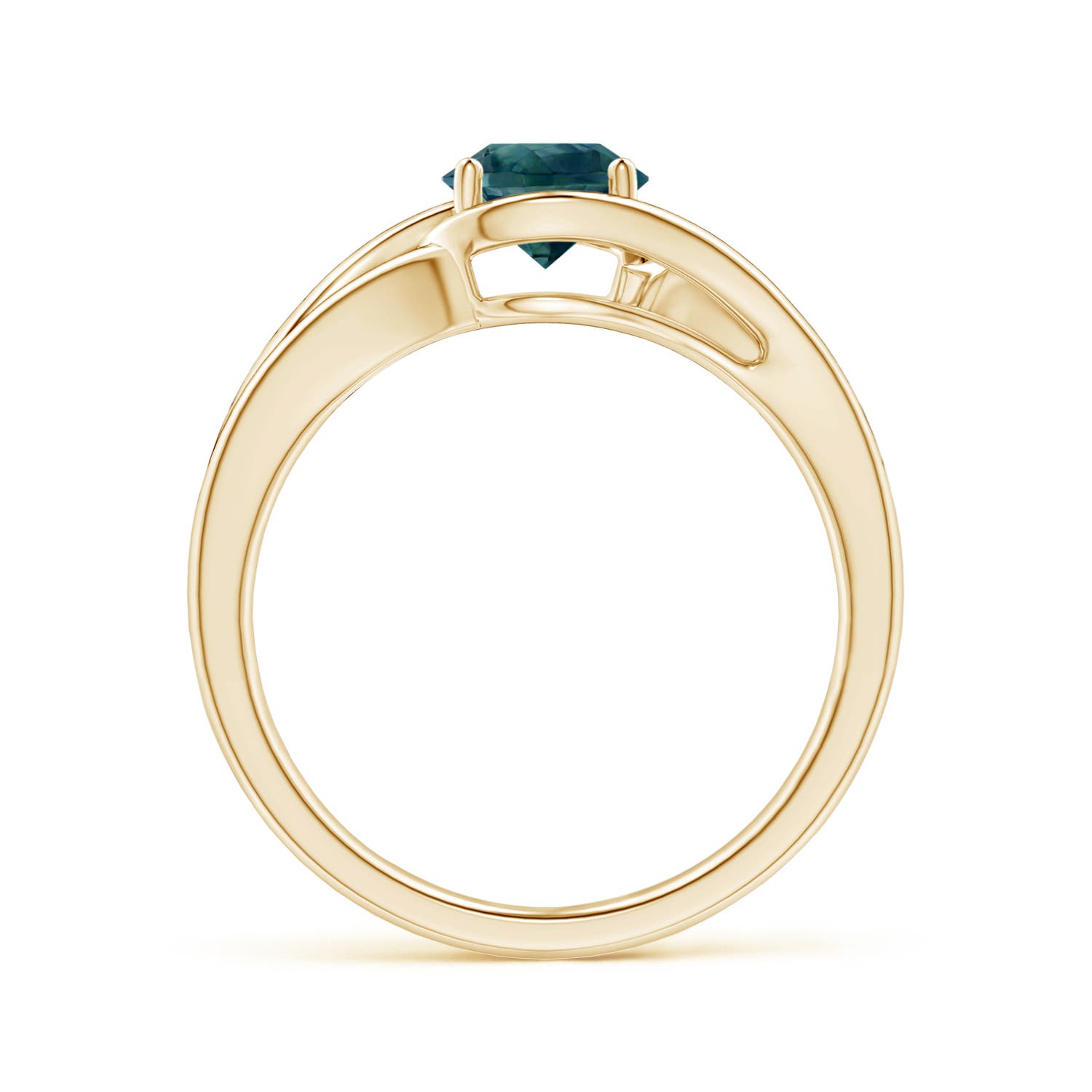6mm AAA Twist Split Shank Solitaire Teal Montana Sapphire Ring in Yellow Gold - side 1