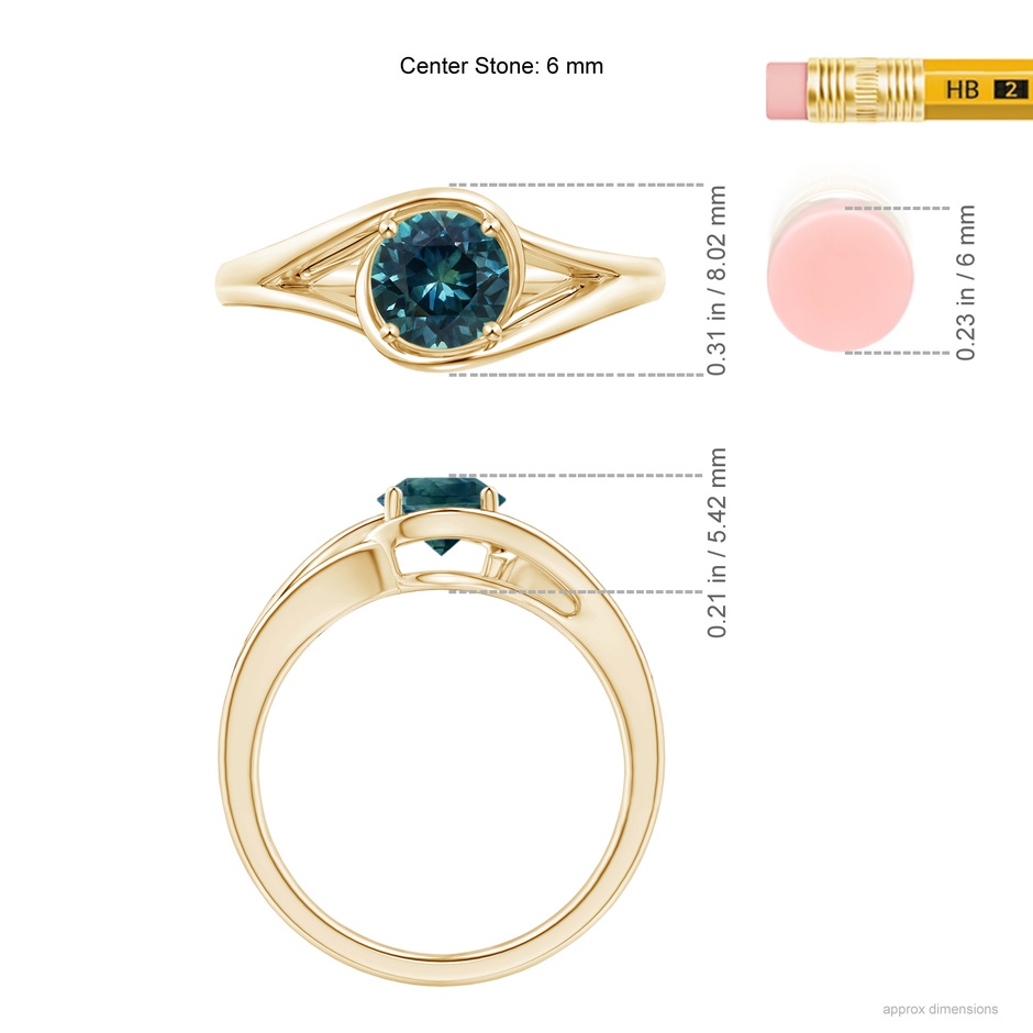 6mm AAA Twist Split Shank Solitaire Teal Montana Sapphire Ring in Yellow Gold ruler