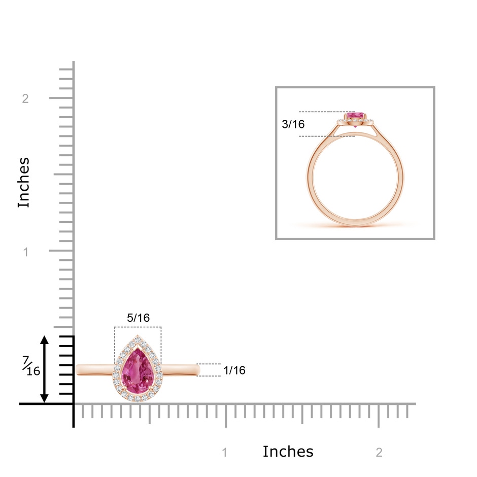 7x5mm AAAA Pear-Shaped Pink Sapphire Halo Ring in Rose Gold ruler