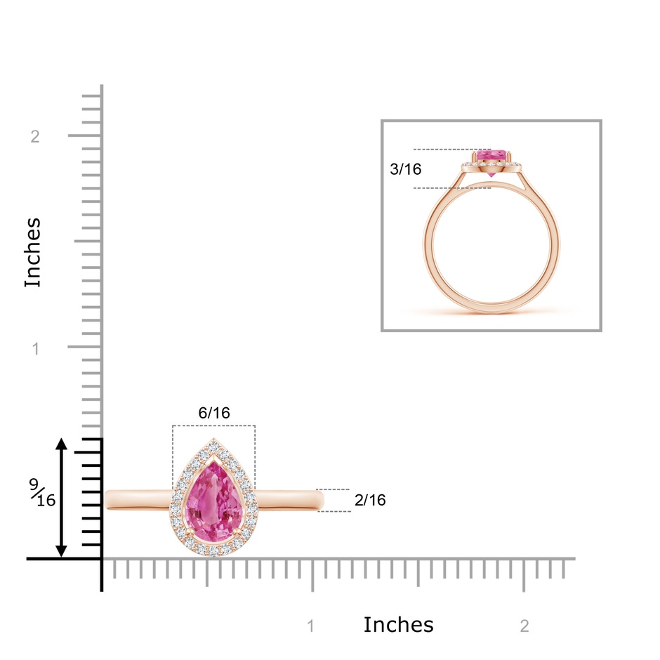 9x6mm AAA Pear-Shaped Pink Sapphire Halo Ring in Rose Gold ruler