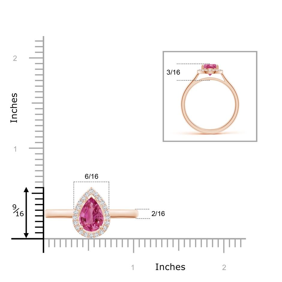 9x6mm AAAA Pear-Shaped Pink Sapphire Halo Ring in Rose Gold ruler