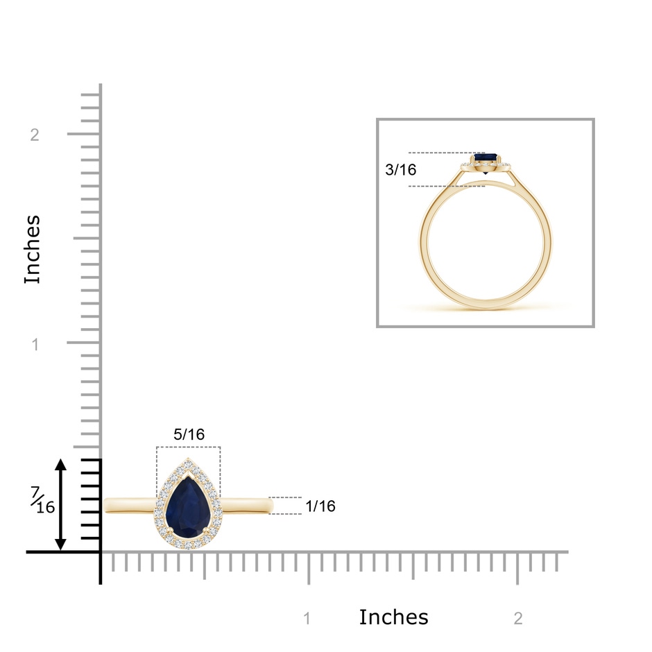 7x5mm A Pear-Shaped Blue Sapphire Halo Ring in Yellow Gold ruler