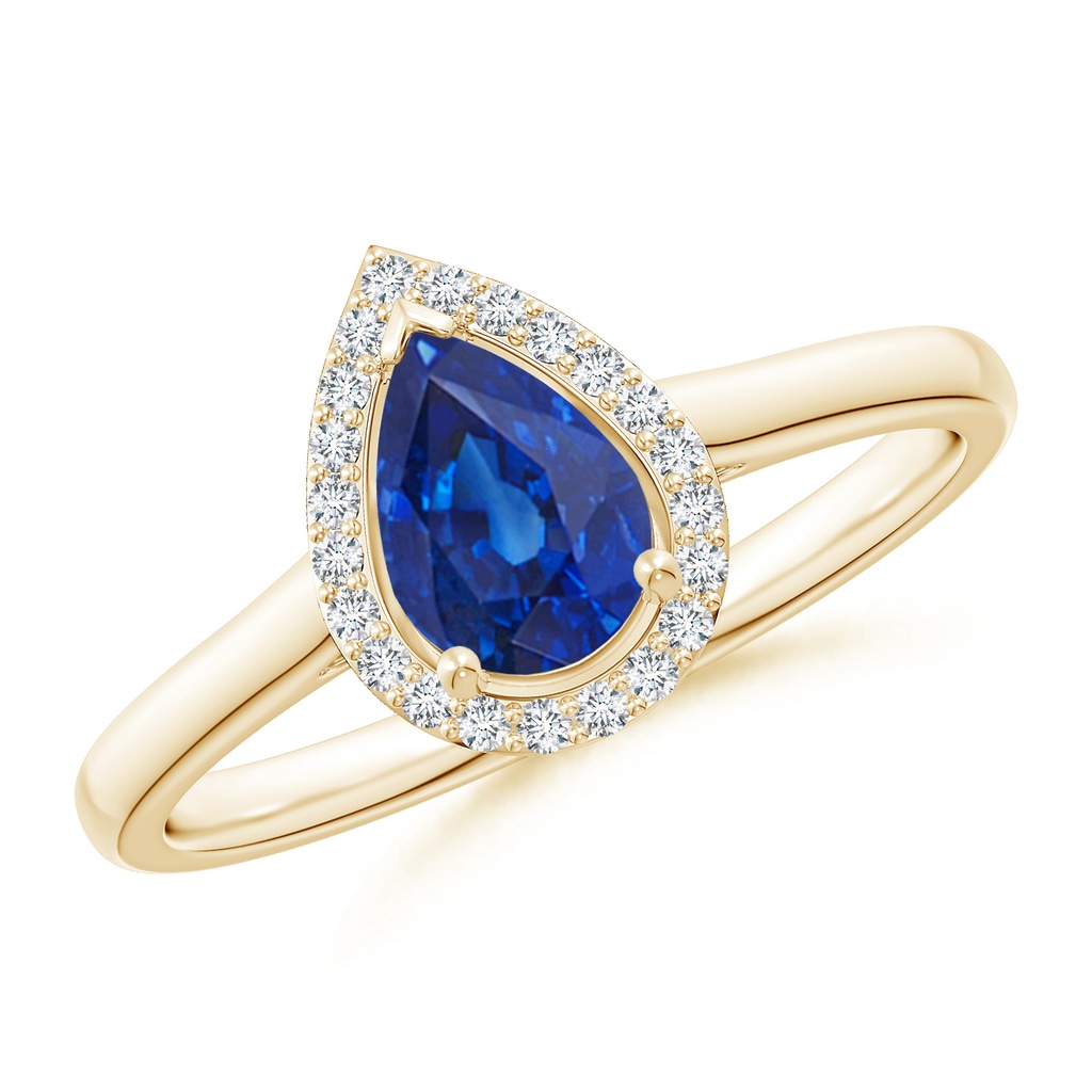 7x5mm AAA Pear-Shaped Blue Sapphire Halo Ring in Yellow Gold