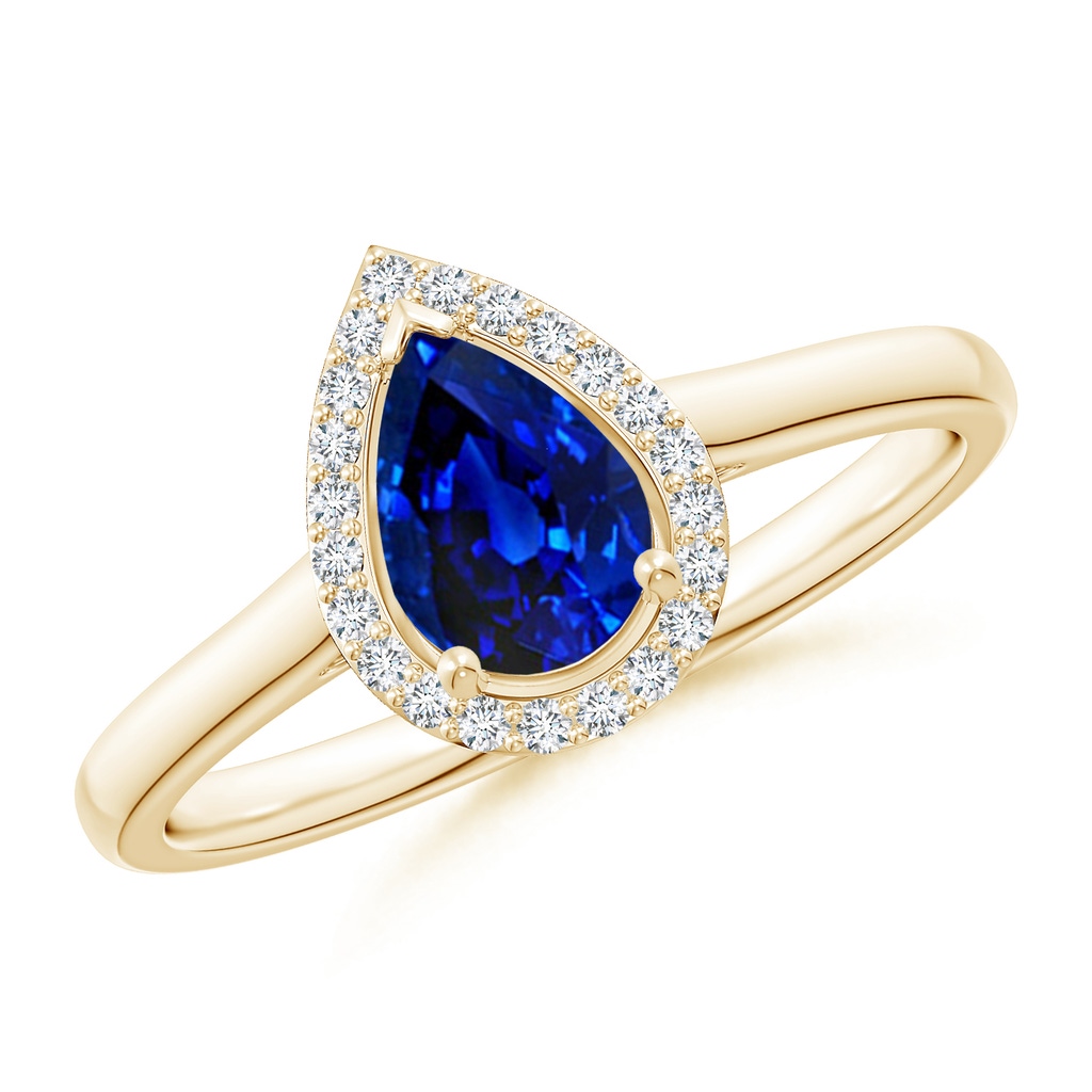 7x5mm AAAA Pear-Shaped Blue Sapphire Halo Ring in Yellow Gold