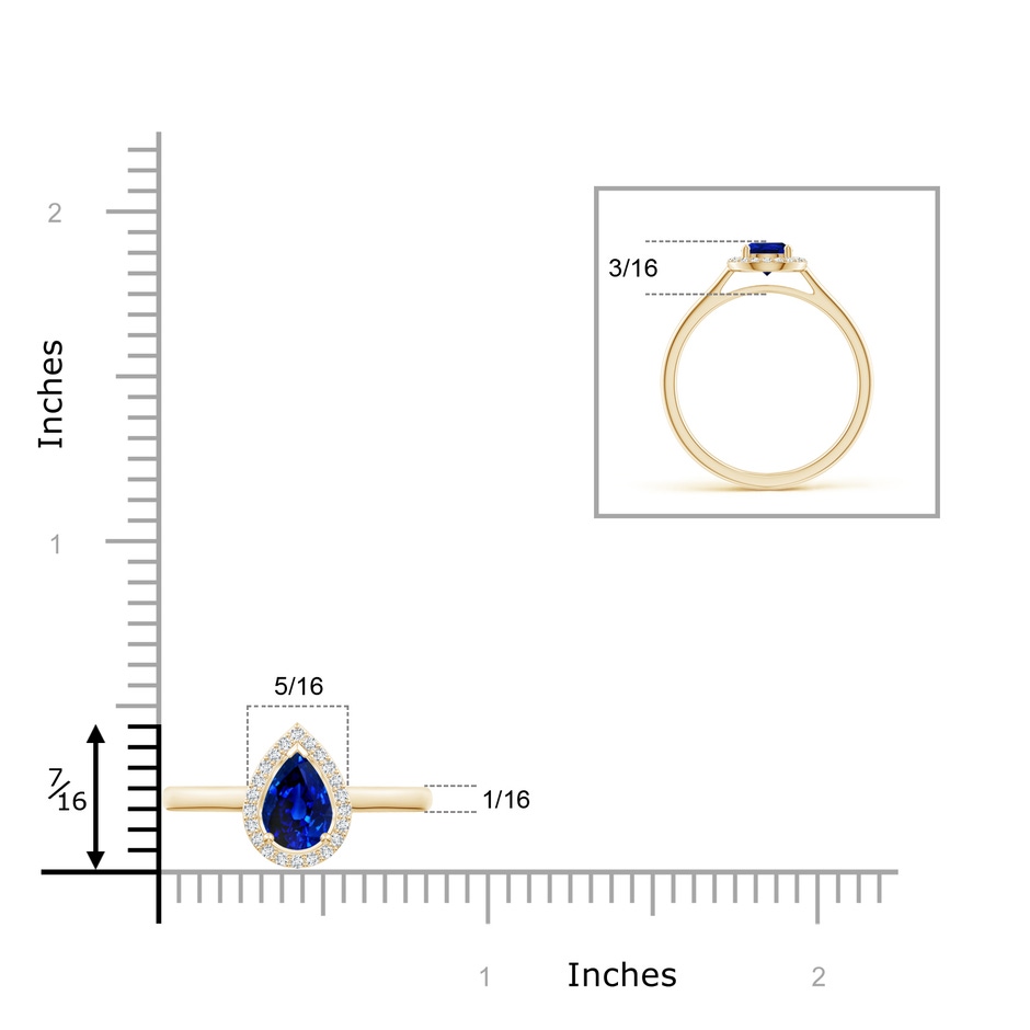 7x5mm AAAA Pear-Shaped Blue Sapphire Halo Ring in Yellow Gold ruler