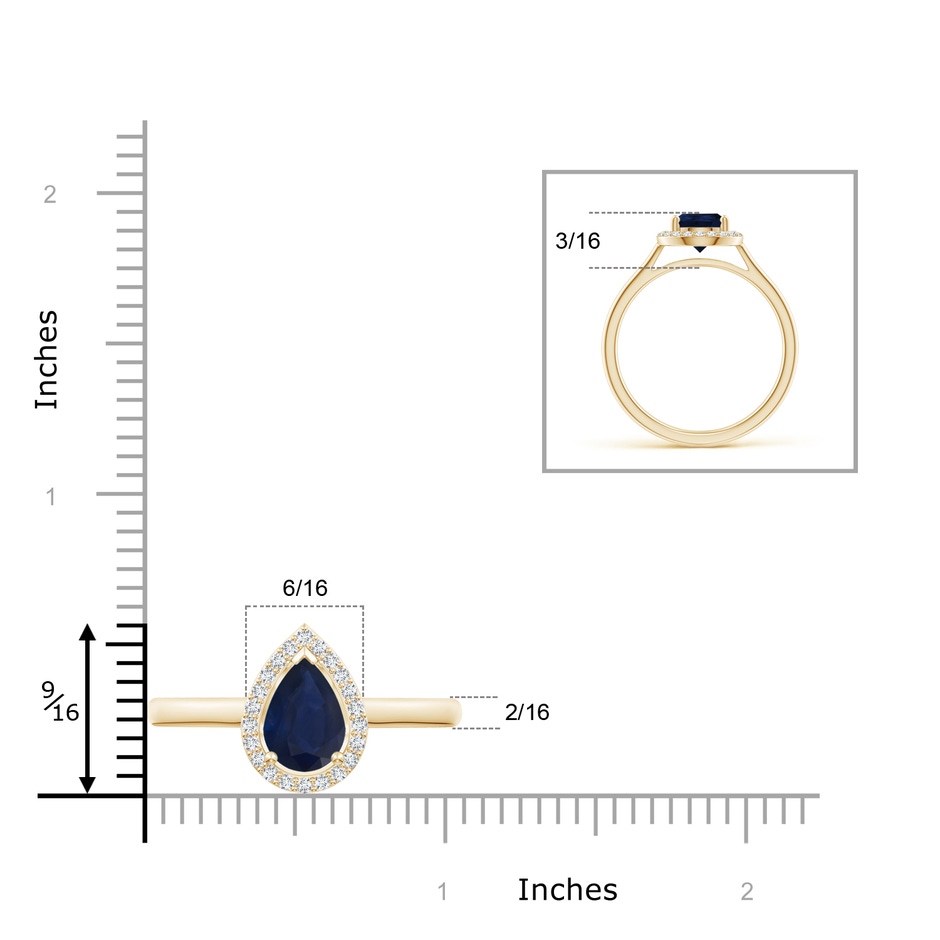 9x6mm A Pear-Shaped Blue Sapphire Halo Ring in Yellow Gold ruler