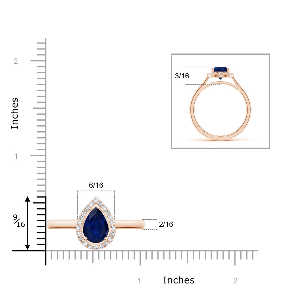 9x6mm AA Pear-Shaped Blue Sapphire Halo Ring in Rose Gold ruler