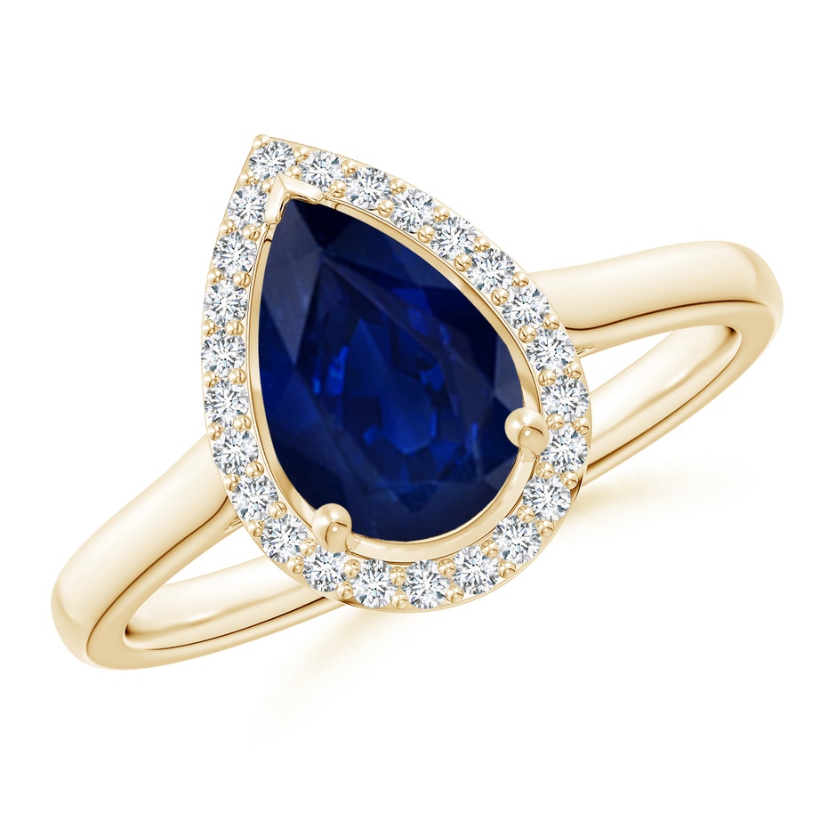 9x6mm AA Pear-Shaped Blue Sapphire Halo Ring in Yellow Gold 