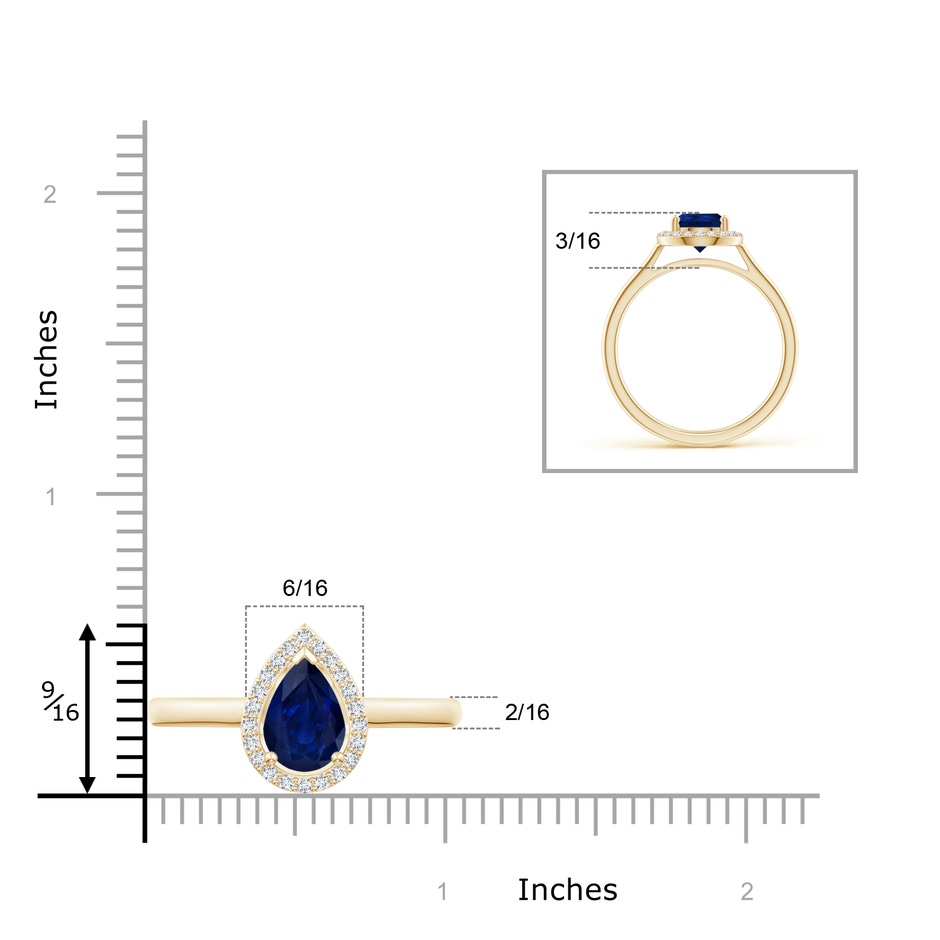 9x6mm AA Pear-Shaped Blue Sapphire Halo Ring in Yellow Gold ruler