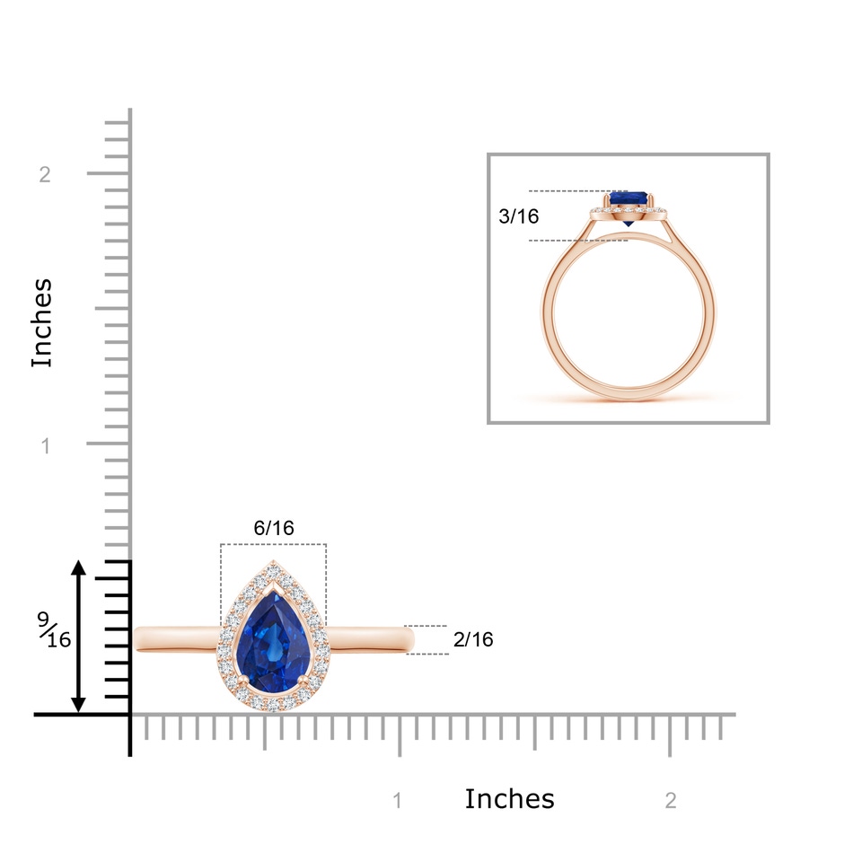 9x6mm AAA Pear-Shaped Blue Sapphire Halo Ring in Rose Gold ruler