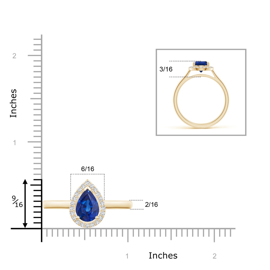 9x6mm AAA Pear-Shaped Blue Sapphire Halo Ring in Yellow Gold ruler