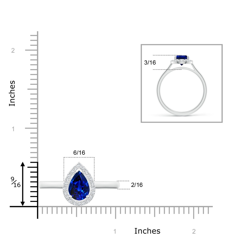 9x6mm AAAA Pear-Shaped Blue Sapphire Halo Ring in White Gold ruler