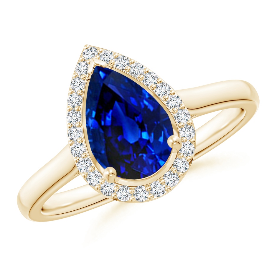 9x6mm AAAA Pear-Shaped Blue Sapphire Halo Ring in Yellow Gold 