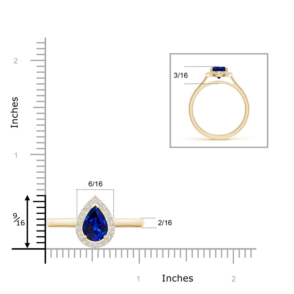 9x6mm AAAA Pear-Shaped Blue Sapphire Halo Ring in Yellow Gold ruler