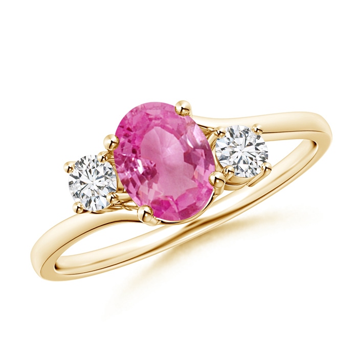 7x5mm AAA Bypass Pink Sapphire and Diamond Three Stone Ring in Yellow Gold 