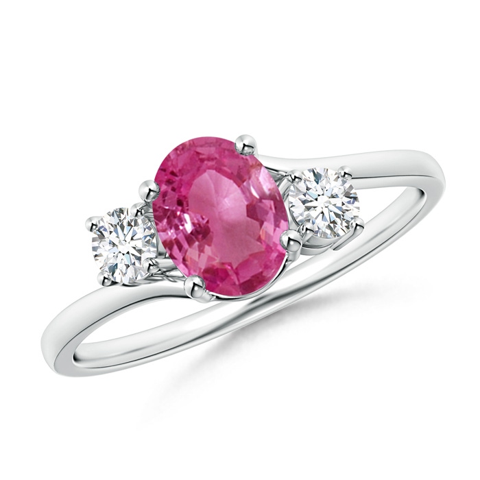 7x5mm AAAA Bypass Pink Sapphire and Diamond Three Stone Ring in 10K White Gold