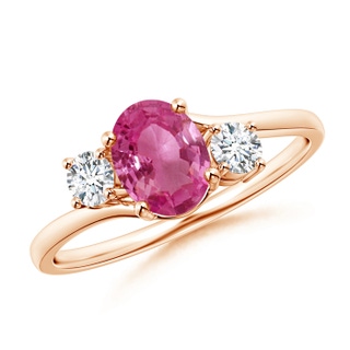 7x5mm AAAA Bypass Pink Sapphire and Diamond Three Stone Ring in Rose Gold