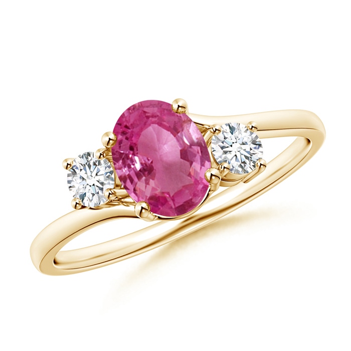 7x5mm AAAA Bypass Pink Sapphire and Diamond Three Stone Ring in Yellow Gold