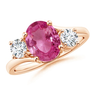 9x7mm AAAA Bypass Pink Sapphire and Diamond Three Stone Ring in Rose Gold