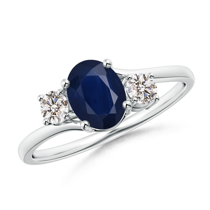 7x5mm A Bypass Blue Sapphire and Diamond Three Stone Ring in White Gold 