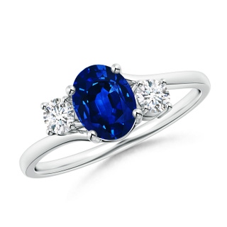 7x5mm AAAA Bypass Blue Sapphire and Diamond Three Stone Ring in 9K White Gold