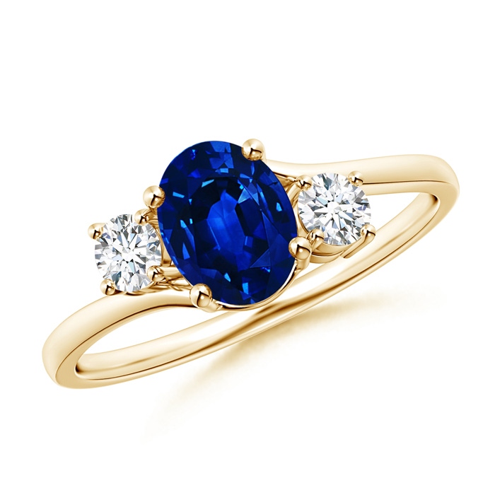 7x5mm Lab-Grown Bypass Blue Sapphire and Diamond Three Stone Ring in Yellow Gold