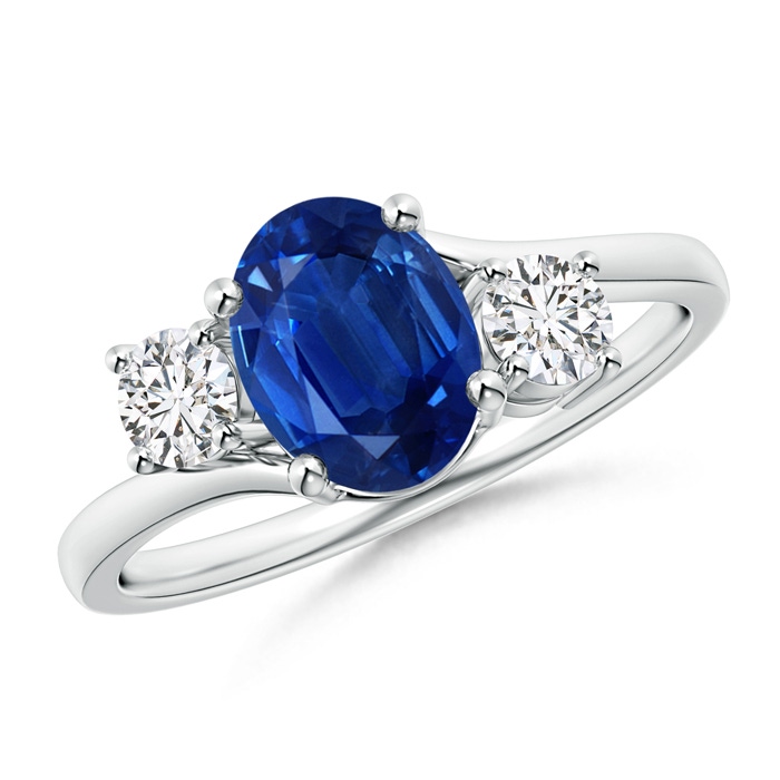 8x6mm AAA Bypass Blue Sapphire and Diamond Three Stone Ring in White Gold 