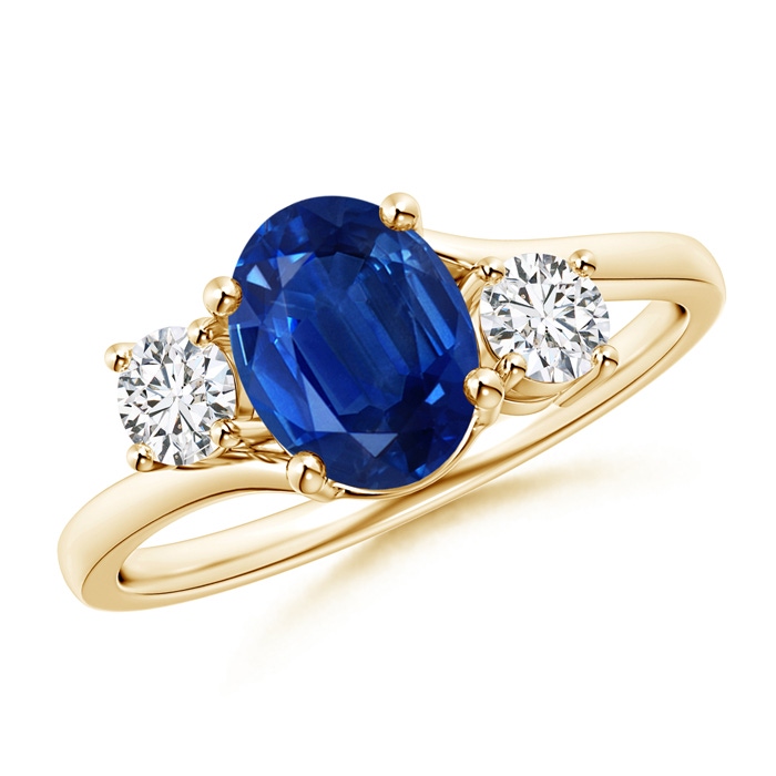 8x6mm AAA Bypass Blue Sapphire and Diamond Three Stone Ring in Yellow Gold 