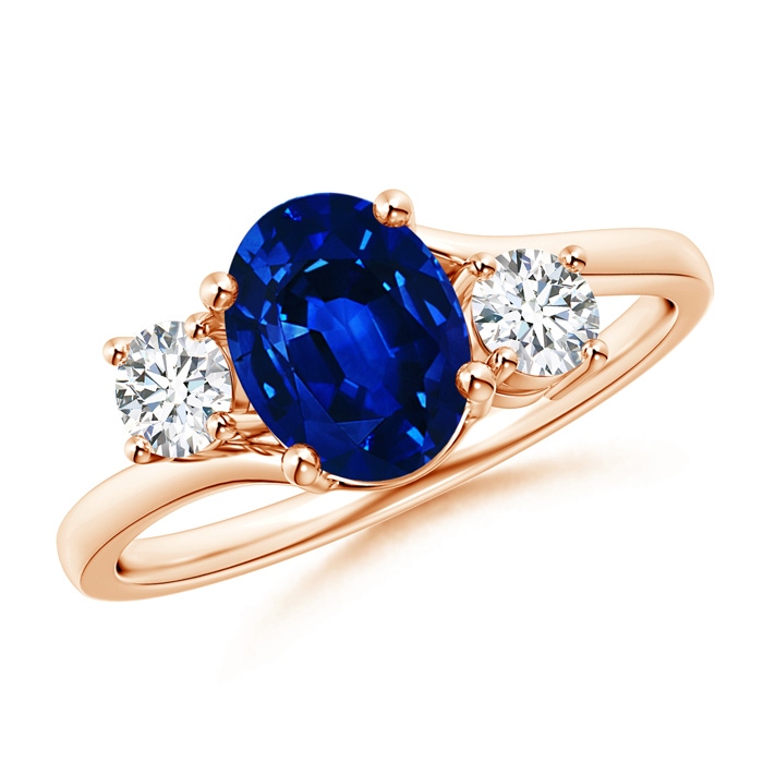 8x6mm AAAA Bypass Blue Sapphire and Diamond Three Stone Ring in Rose Gold 