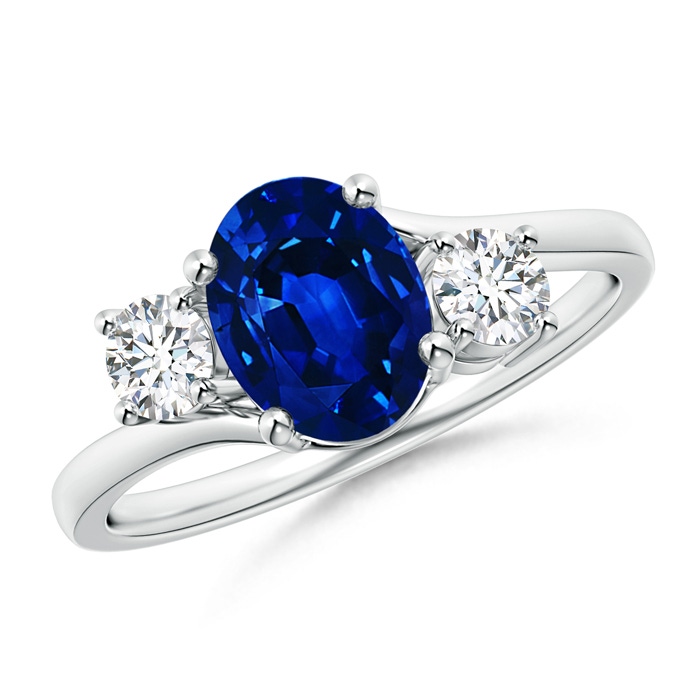 8x6mm Lab-Grown Bypass Blue Sapphire and Diamond Three Stone Ring in White Gold