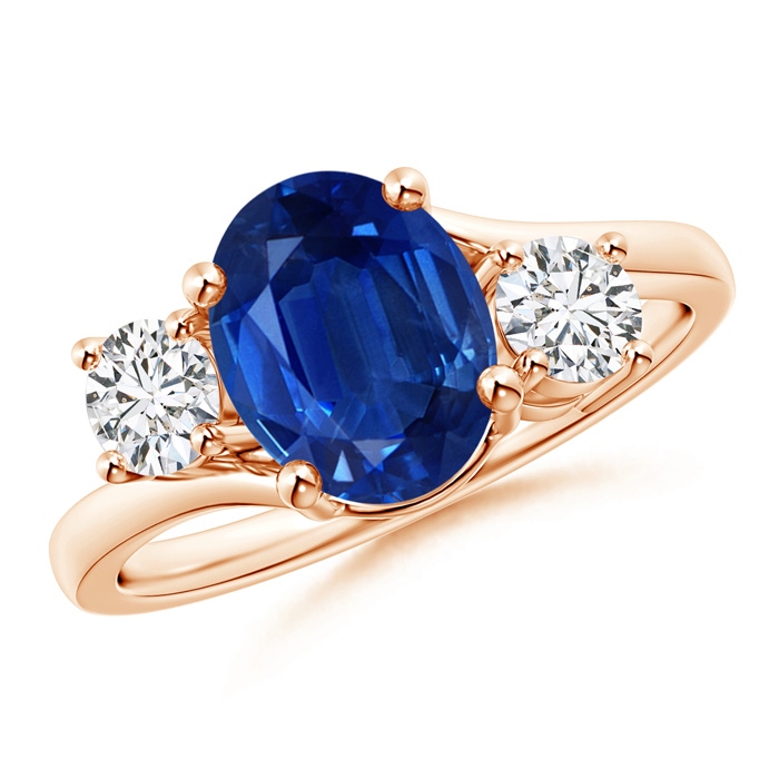 9x7mm AAA Bypass Blue Sapphire and Diamond Three Stone Ring in Rose Gold 