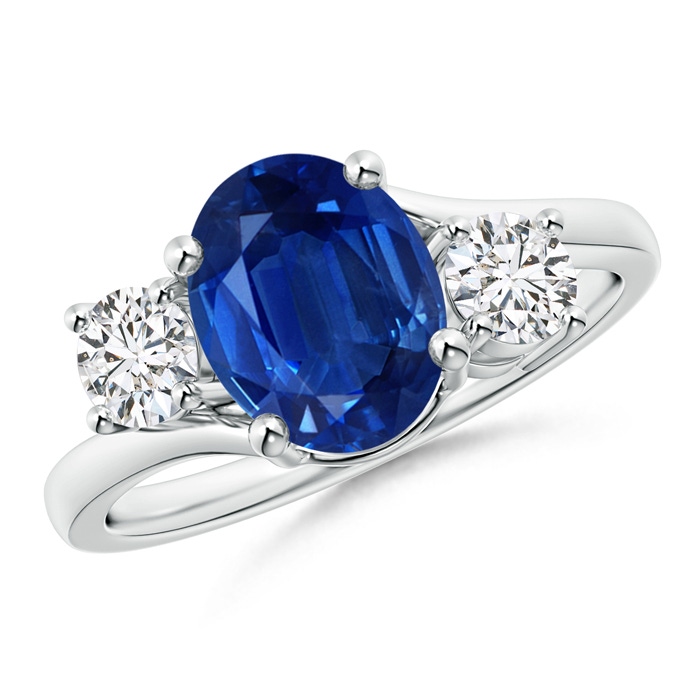9x7mm AAA Bypass Blue Sapphire and Diamond Three Stone Ring in White Gold 