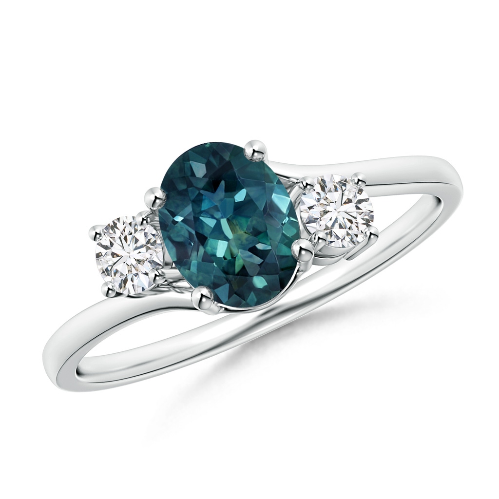 7x5mm AAA Bypass Teal Montana Sapphire and Diamond Three Stone Ring in P950 Platinum
