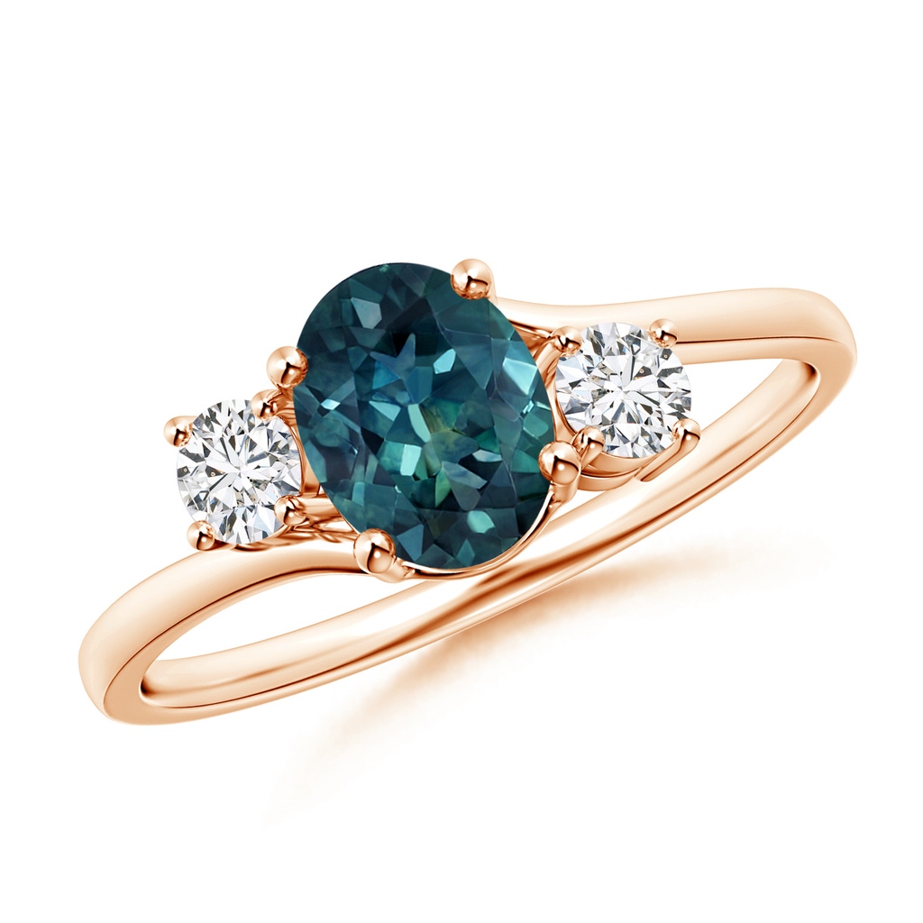 7x5mm AAA Bypass Teal Montana Sapphire and Diamond Three Stone Ring in Rose Gold