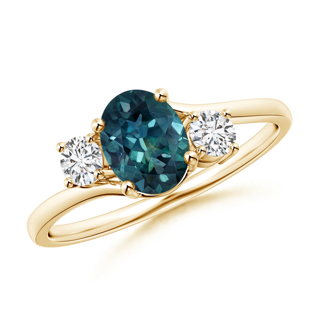 7x5mm AAA Bypass Teal Montana Sapphire and Diamond Three Stone Ring in Yellow Gold
