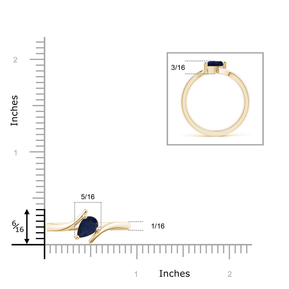 7x5mm A Bypass Pear-Shaped Blue Sapphire Ring in Yellow Gold ruler