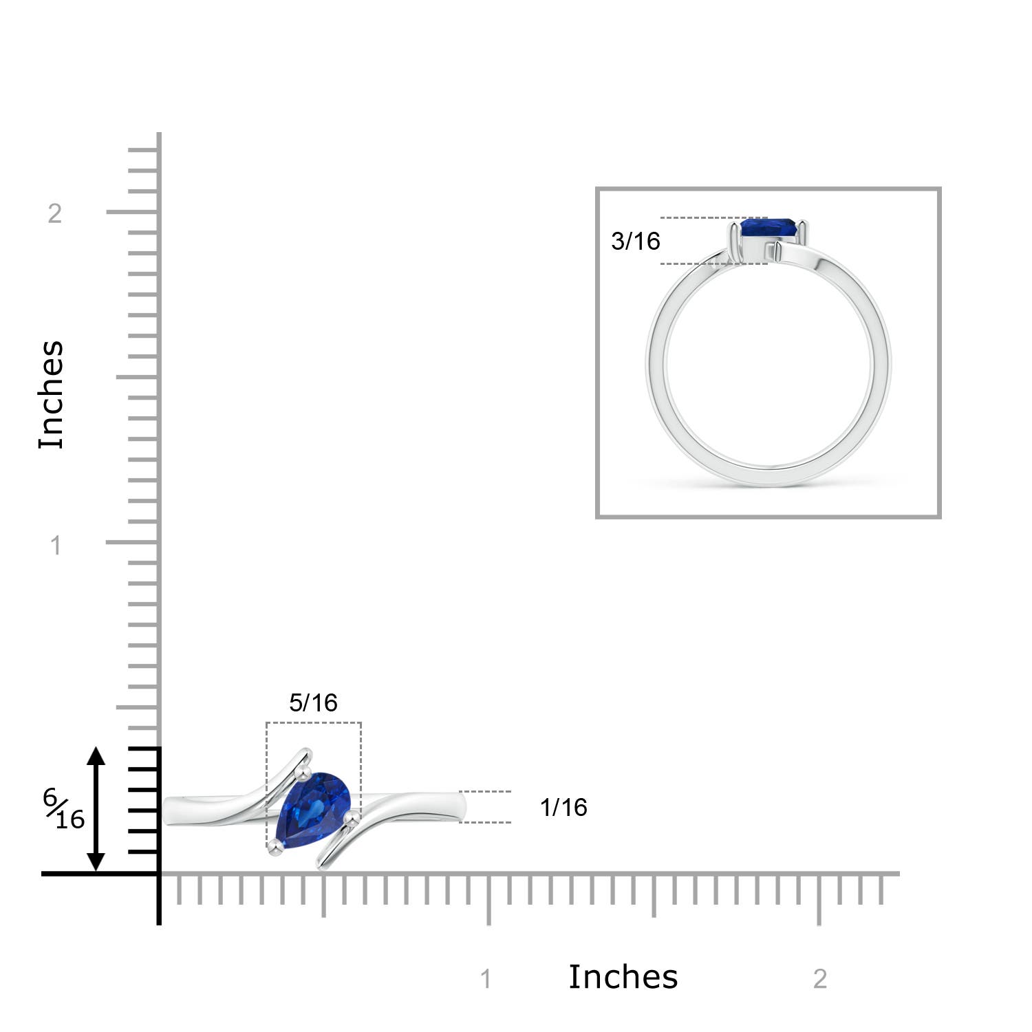 7x5mm AAA Bypass Pear-Shaped Blue Sapphire Ring in 18K White Gold - ruler