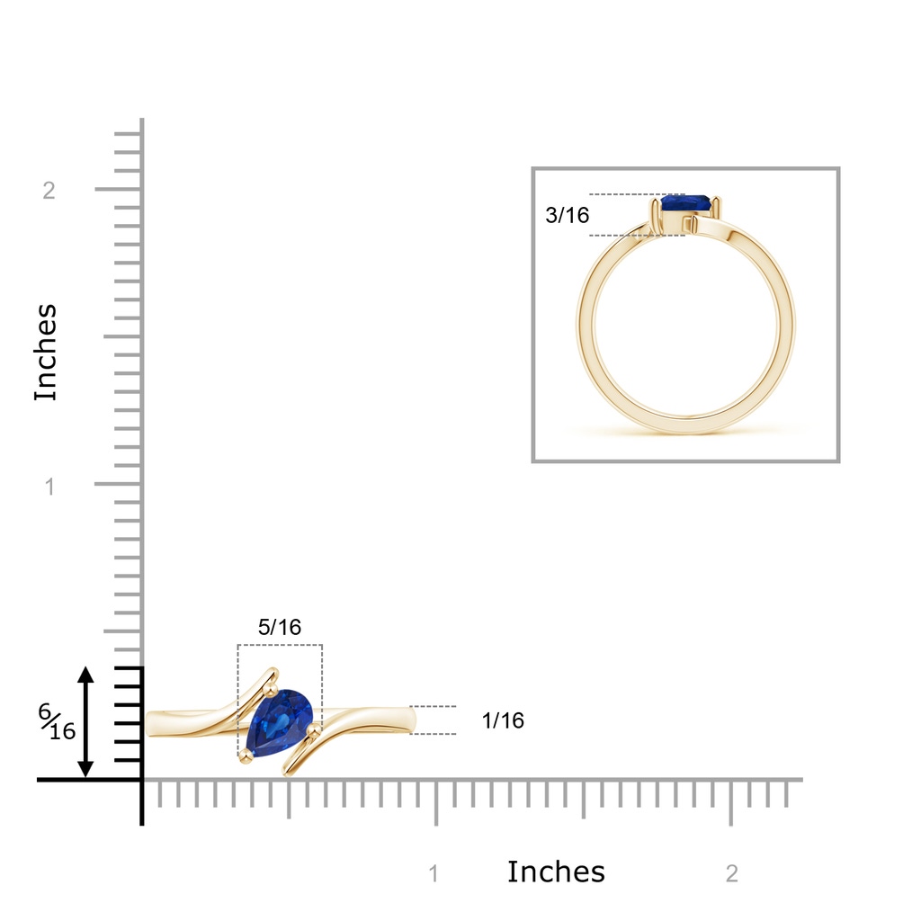 7x5mm AAA Bypass Pear-Shaped Blue Sapphire Ring in Yellow Gold Ruler