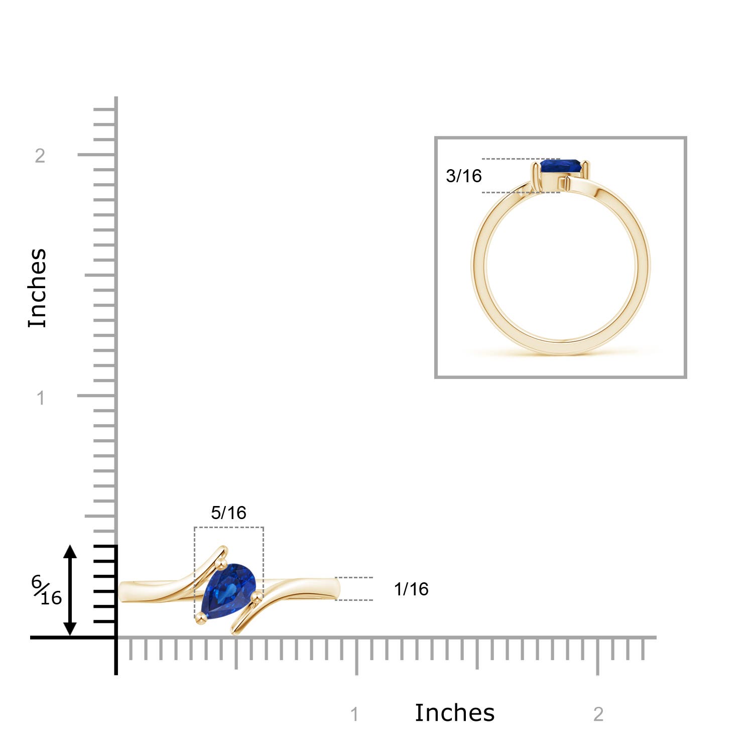 7x5mm AAA Bypass Pear-Shaped Blue Sapphire Ring in Yellow Gold - ruler