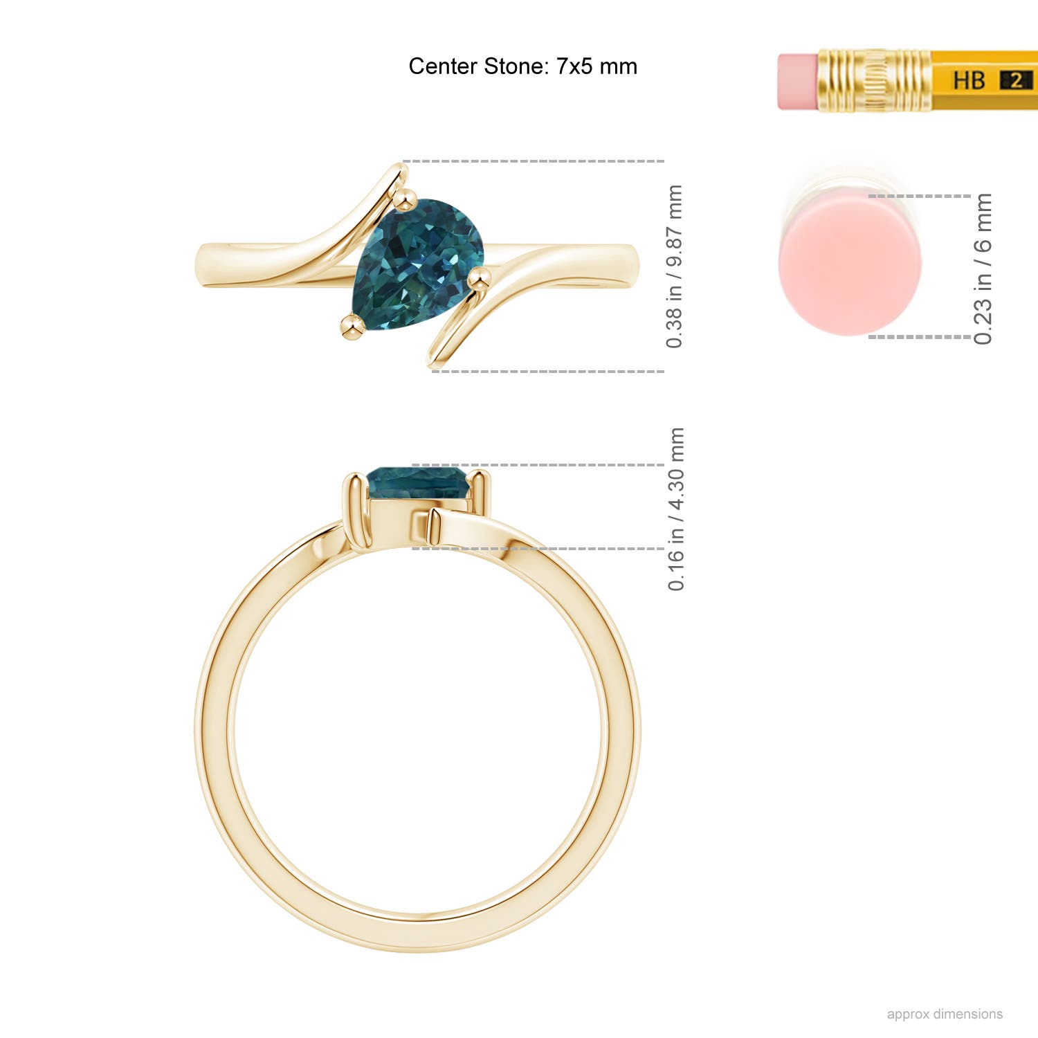 7x5mm AAA Bypass Pear-Shaped Teal Montana Sapphire Ring in Yellow Gold - ruler