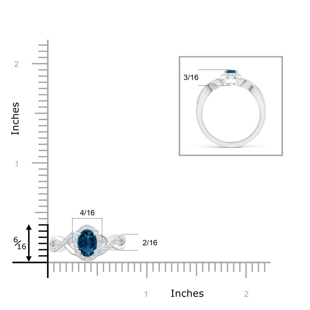 6x4mm AAAA Oval London Blue Topaz Crossover Ring with Diamond Halo in White Gold Ruler