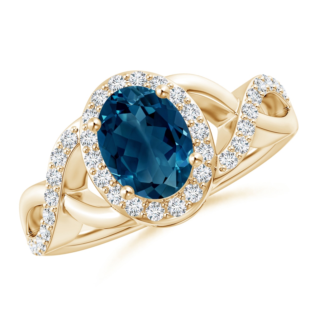 8x6mm AAAA Oval London Blue Topaz Crossover Ring with Diamond Halo in Yellow Gold