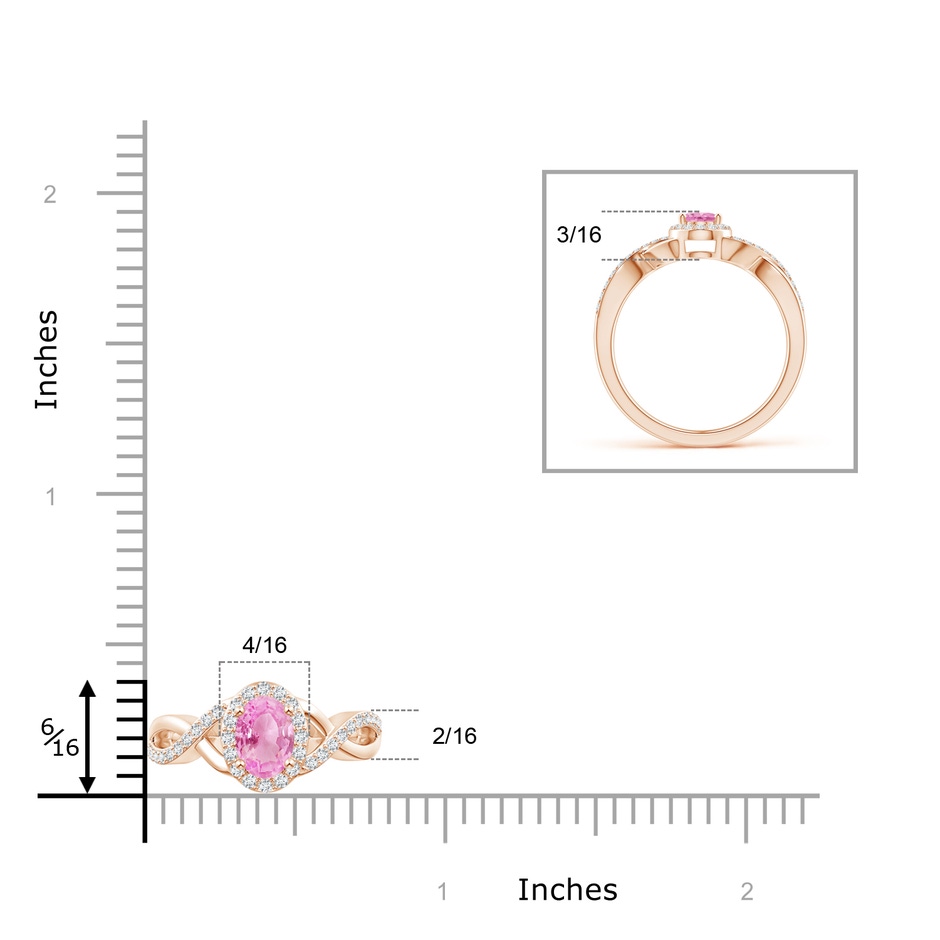 6x4mm A Oval Pink Sapphire Crossover Ring with Diamond Halo in Rose Gold ruler