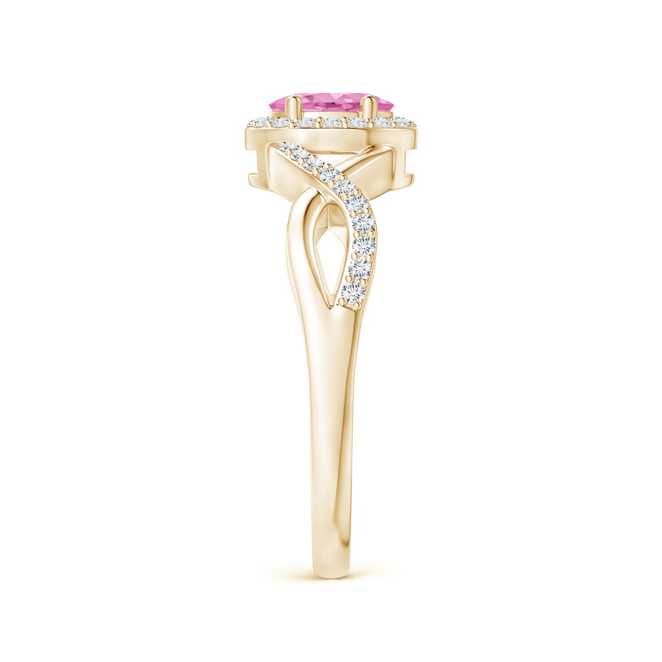 6x4mm A Oval Pink Sapphire Crossover Ring with Diamond Halo in Yellow Gold side-2
